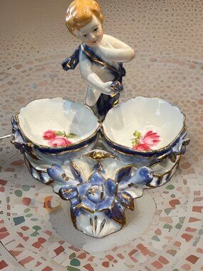 Antique Porcelain Derby Double Salt Cellar Cherub Blue & Gold